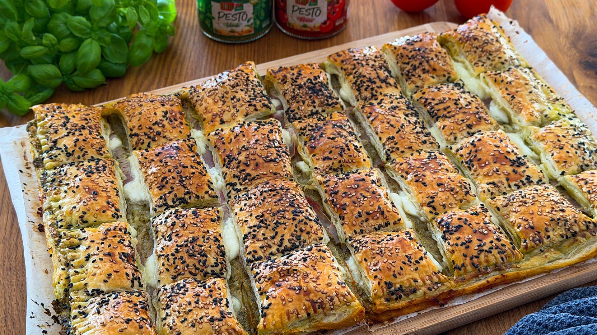 Puff Pastry Pockets with Pesto, Ham, and Mozzarella