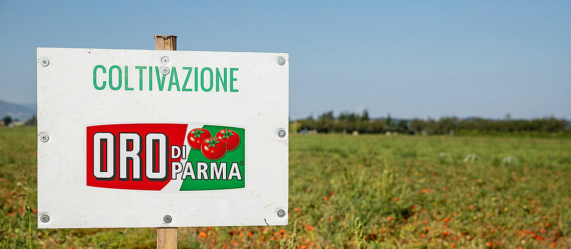 ORO di Parma Logo auf einem Schild im Feld