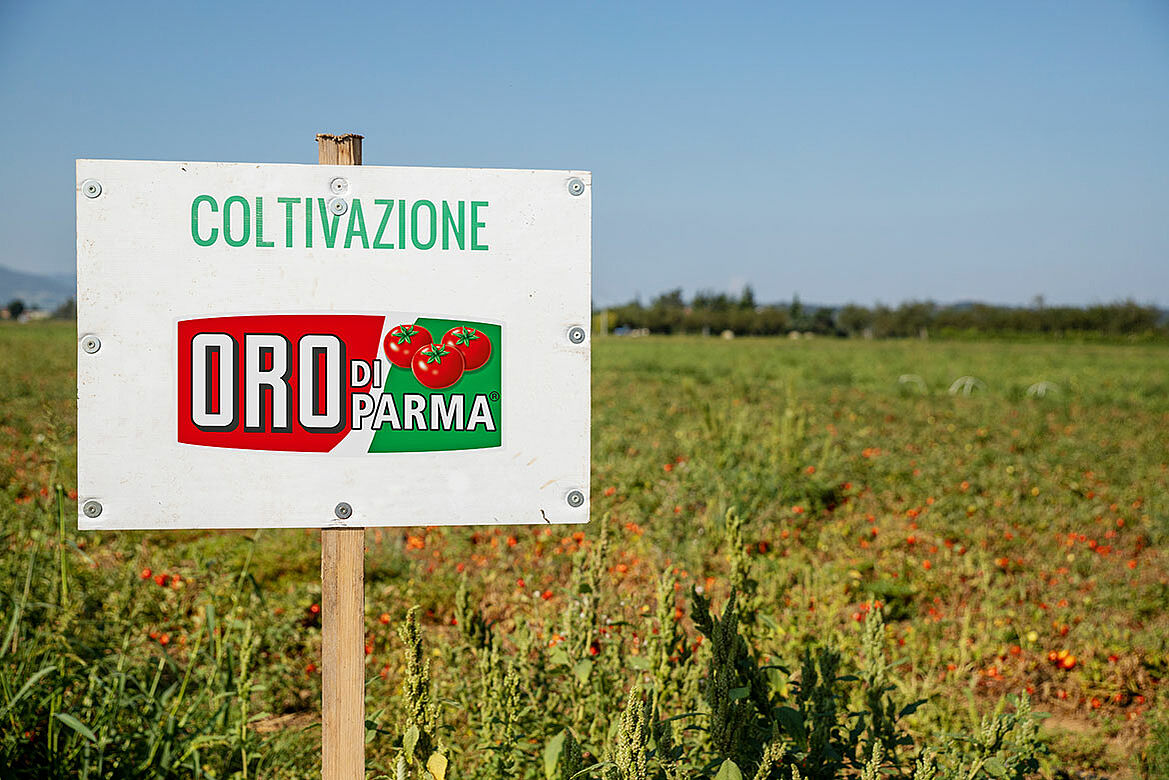 Schild mit Oro di Parma Logo auf einem Feld