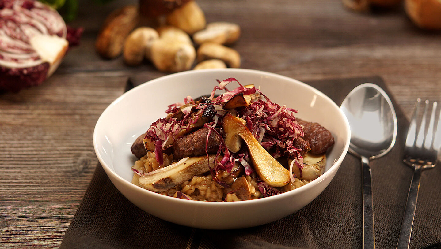 Steinpilzrisotto mit Rind, Radicchio und Balsamico-Essig