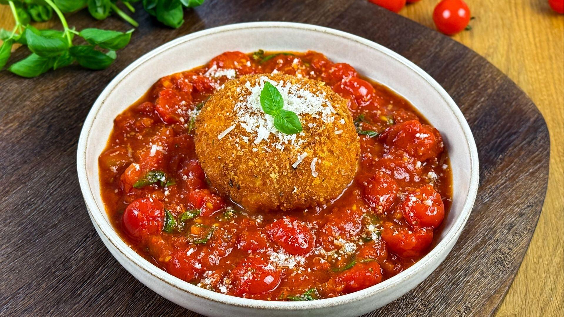 Deep-Fried Burrata on a Bed of Tomatoes and Vegetables