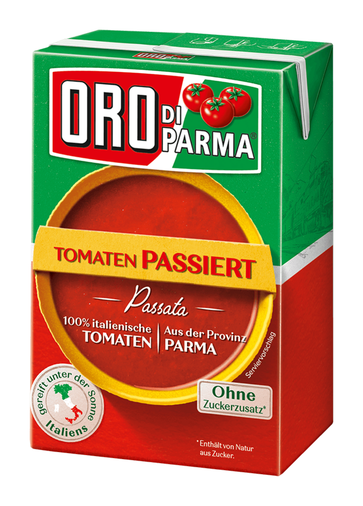 Strained tomatoes from ORO di Parma in a 400g combibloc.