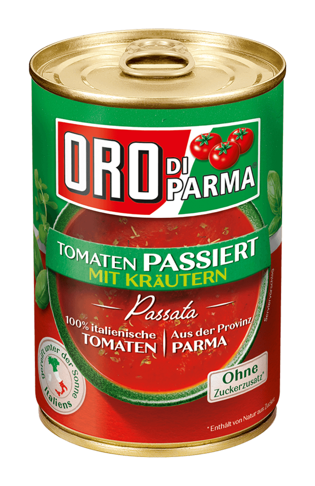 Strained tomatoes with herbs from ORO di Parma in a 425ml can.