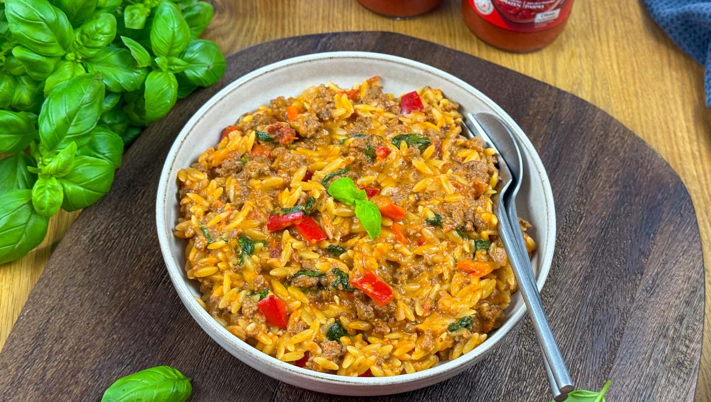  Orzo Pfanne mit Hackfleisch, Gemüse und Käse